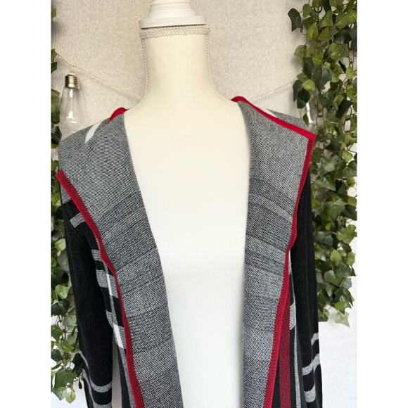 Anne Klein Cotton Acrylic Blend Black White Red Plaid Open Cardigan Sweater - Picture 6 of 12